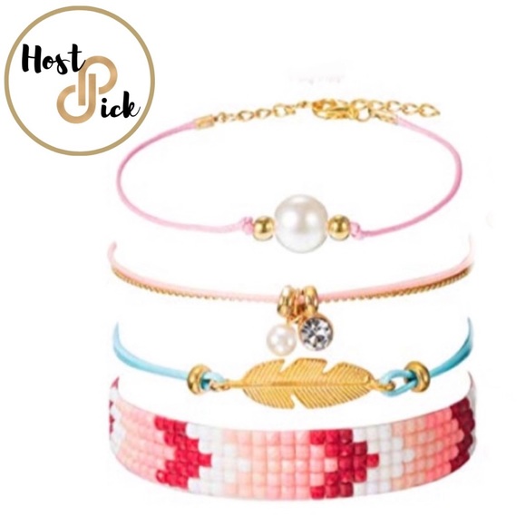 Baubl’d Jewelry - Pearl / Leaf / Beaded 4-PC Boho Bracelet Set